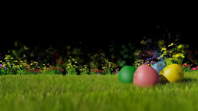 Easter eggs on green meadow with particles flying