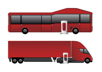 Set of electric vehicles. Bus and truck are charging from charging stations. Vector illustration EPS 10