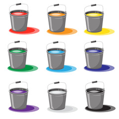 Set of buckets with paint. Spilled paint. Icons color.Isolated on white background