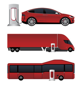 Set of electric vehicles. Bus, truck and car are charging from charging stations. Vector illustration EPS 10