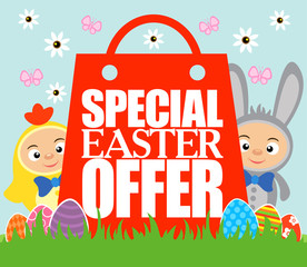 Fototapeta premium Special Easter Offer card with kids in costume chicken and rabbit