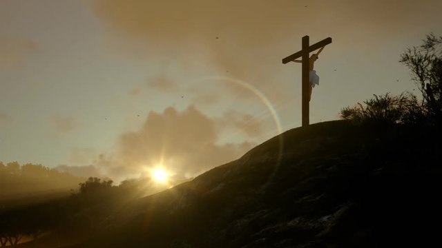 Christian woman praying at Jesus cross, sunrise, zoom out