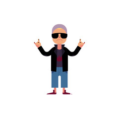 Young rock man in sunglasses staying and making hand horns gesture isolated on white background. Cartoon style character of musical fan in rock clothes. Colorful vector illustration.