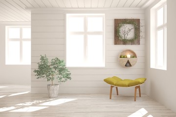 Inspiration of white minimalist room with armchair. Scandinavian interior design. 3D illustration