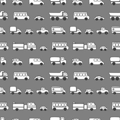 Seamless pattern of doodles cars. Vector grey and white background in cartoon style. Can be used for children wallpapers, web site background or wrapping paper.