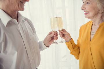 Two excited pensioners standing and clinking with glasses of sparkling wine and looking at each other