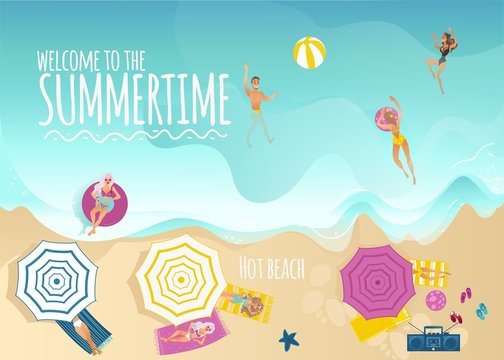 Summer vacation and holiday time banner with top view of people sunbathing on beach under umbrellas and swimming and playing in sea with inflatable ball. Cartoon vector illustration.