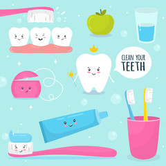 Tooth. Cute character. Teeth, toothpaste, dental floss, green apple, toothbrush, glass. Flat style.