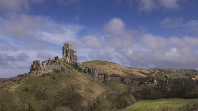 Ruins of the Corfe Castle in Dorset in England - Time Lapse Video (30 fps)