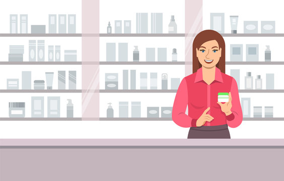 Young woman seller offering face cream at the counter of a beauty shop opposite shelves with skin care products. Cosmetic store vector cartoon background