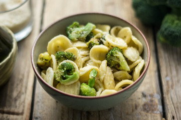 Homemade pasta orecchiette with broccoli, Italian suasage and parmesan on the wooden rustic table