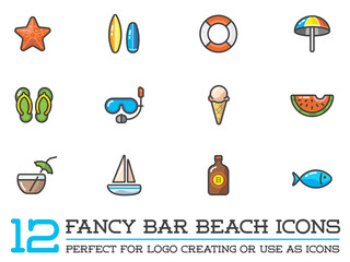 Set of Raster Beach Sea Bar Flat Icons Elements and Summer can be used as Logo or Icon in premium quality