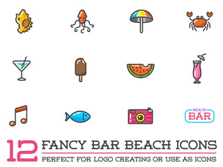 Set of Raster Beach Sea Bar Flat Icons Elements and Summer can be used as Logo or Icon in premium quality