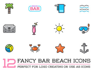 Set of Raster Beach Sea Bar Flat Icons Elements and Summer can be used as Logo or Icon in premium quality