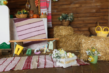 Traditional Ukrainian village house interior. Decorated for easter