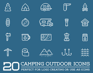 Set of Raster Camping Camp Elements and Outdoor Activity Icons Illustration can be used as Logo or Icon in premium quality