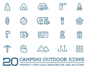 Set of Raster Camping Camp Elements and Outdoor Activity Icons Illustration can be used as Logo or Icon in premium quality