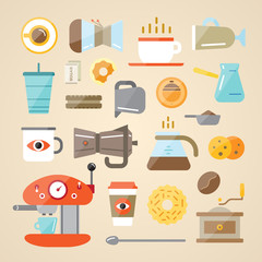 Set of Raster Coffee Elements and Coffee Accessories Illustration can be used as Logo or Icon in premium quality Flat icons style
