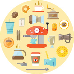 Set of Raster Coffee Elements and Coffee Accessories Illustration can be used as Logo or Icon in premium quality Flat icons style