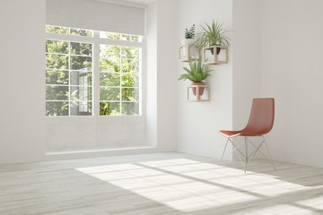 Idea of white room with armchair and summer landscape in window. Scandinavian interior design. 3D illustration