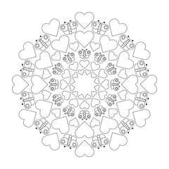 vector black and white circular round cute loving mandala with hearts and butterflies - adult coloring book page