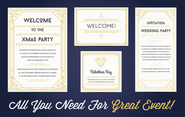 Naklejka premium Great Style Invitation in Art Deco or Nouveau Epoch 1920's Gangster Empire or Boardwalk Era Raster Set for Main Event