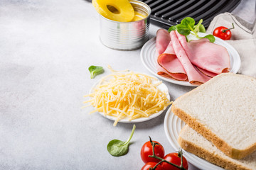 Ingredients for making grilled hawaii toast sandwich with ham, pineapple, tomato and cheese. Healthy summer food concept with free space for text.