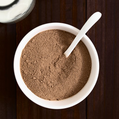 Cocoa or chocolate drink powder in bowl with spoon, photographed overhead with natural light
