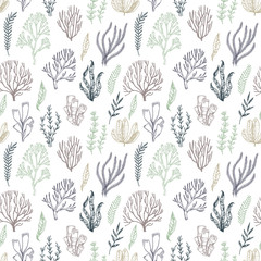 Hand drawn vector seamless patterns. Seaweed. Background with herbal plants in sketch style. Perfect for textile, fabric, invitations, cards, leaflets, prints etc