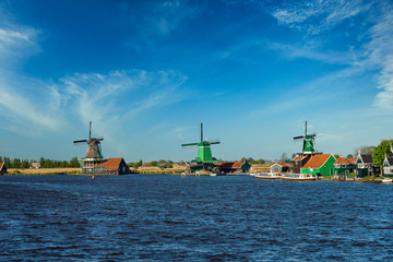 Windmills at Zaanse Schans in Holland. Zaandam, Netherlands