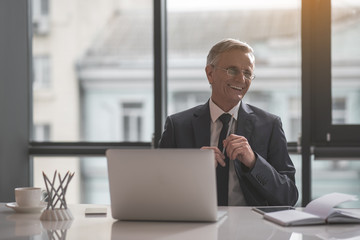 Portrait of cheerful old businessman working with laptop while sitting at table in room. Happy...