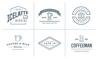 Set of Raster Coffee Logotype Templates and Coffee Accessories Illustration with Incorporated Icons with Fictitious Names