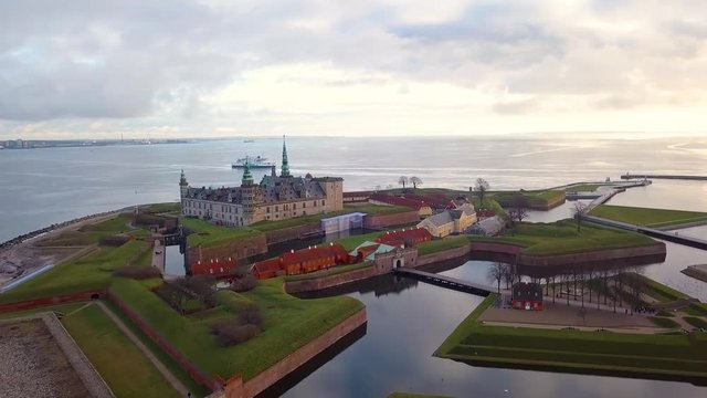 Elsinore castle aerial view with ferry, port, park and view on Sweden coast.