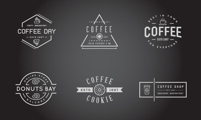 Obraz premium Set of Raster Coffee Logotype Templates and Coffee Accessories Illustration with Incorporated Icons with Fictitious Names
