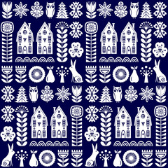 Scandinavian folk art seamless vector pattern with flowers, trees, rabbit, owl, houses with decorative elements and rural scenery in simple style