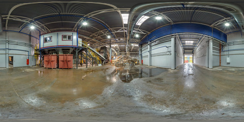 Panorama in 360 angle view in modern waste hazardous recycling plant and storage, trash sorting....