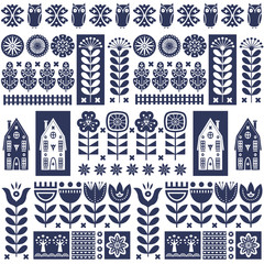 Scandinavian folk art seamless vector pattern with flowers, trees, owl, houses with decorative elements in simple style - obrazy, fototapety, plakaty