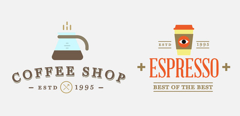 Set of Raster Coffee Logotype Templates and Coffee Accessories Illustration with Incorporated Icons with Fictitious Names
