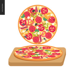 Italian restaurant set - pizza top view and pizza on a board