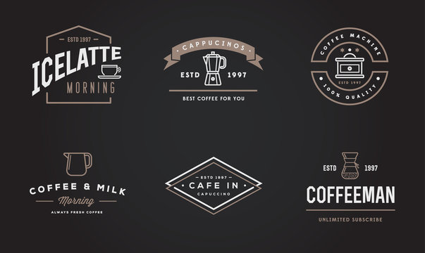 Set of Raster Coffee Logotype Templates and Coffee Accessories Illustration with Incorporated Icons with Fictitious Names