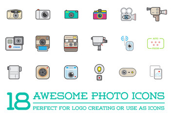 Set of Raster Photo Camera Photography Elements and Video Camera Icons Illustration can be used as Logo or Icon in premium quality