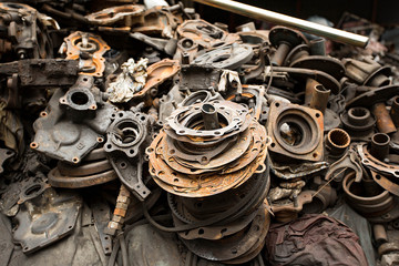 Dump of pieces of iron and wrecking machinery parts. Thailand, Bangkok, China Town.  - obrazy, fototapety, plakaty