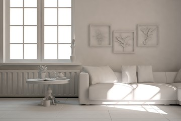 White room with sofa. Scandinavian interior design. 3D illustration