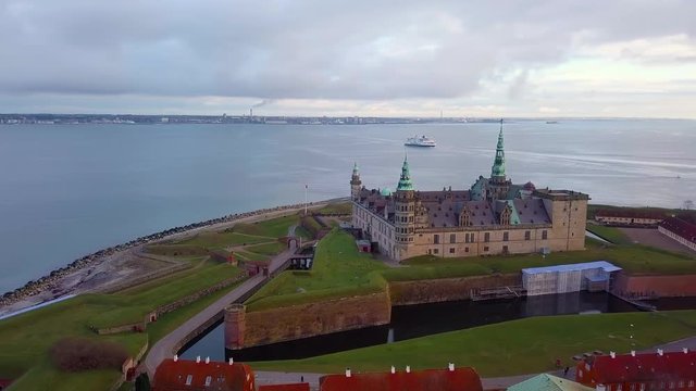 Elsinore castle aerial view with ferry, port, park and view on Sweden coast.