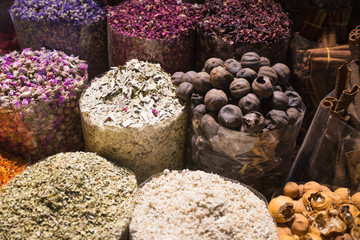 Colorful spices on arabian souk market