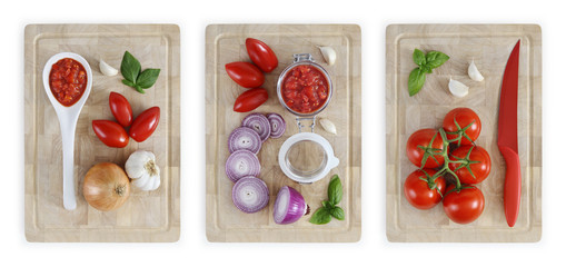 set of cutting boards with tomatoes, onions, garlic, basil and sauce, vegetables food top view isolated on white banner background