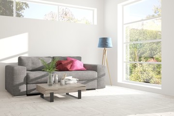 Idea of white room with sofa and summer landscape in window. Scandinavian interior design. 3D illustration
