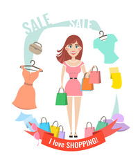 Woman with shopping bags, packages. I love shopping. Vector illustration