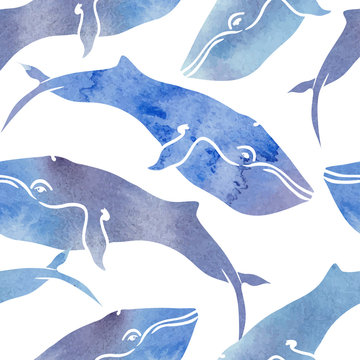 watercolor whales seamless vector pattern