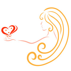Girl with long hair and a butterfly in her hands, romance, logo